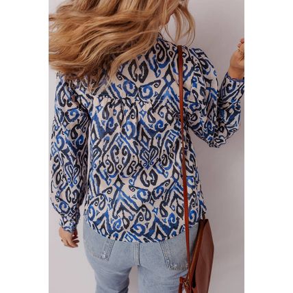 Blue Bohemian Print Embroidered V Neckline Detail Long Sleeve Shirt