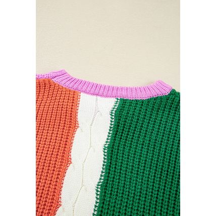 Desert Gold Color Block Textured Knit Drop Shoulder Loose Fit Sweater