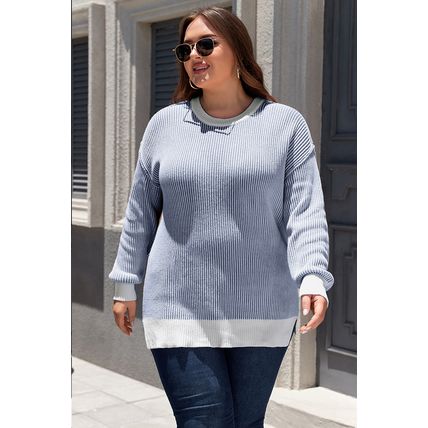 Blue Stripe Plus Size Contrast Trim Crew Neck Rib Knit Drop Shoulder Sweater