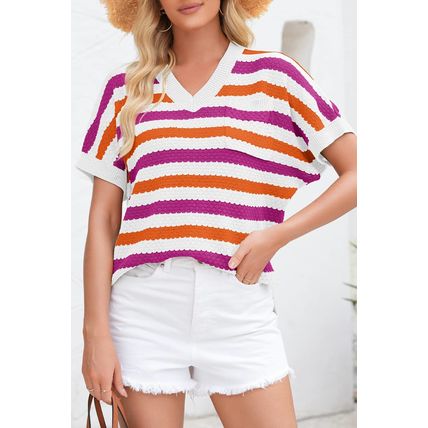 Rose Stripe V Neck Short Sleeve Sweater with Side Slits
