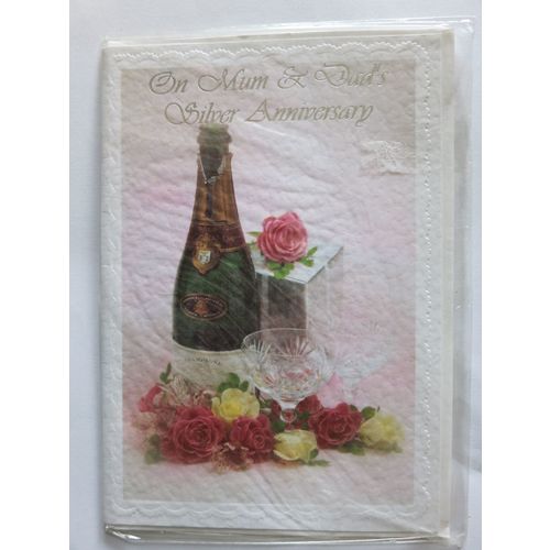 Wedding On Mum And Dad's Siver Anniversary Roses Bottle of Champagne Card A5.