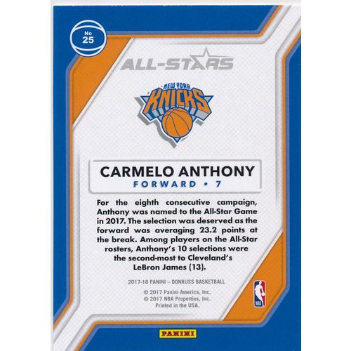 2017-18 Donruss All-Stars 25 Carmelo Anthony New York Knicks