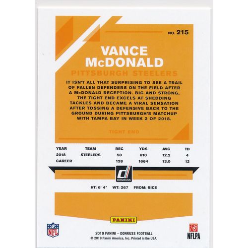 2019 Donruss Football Base 215 Vance McDonald Pittsburgh Steelers