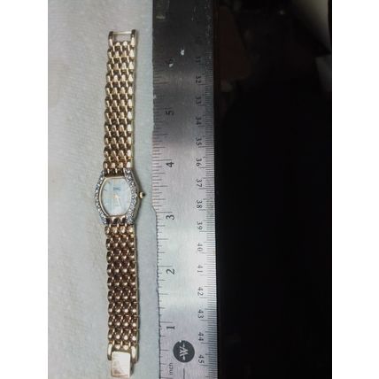 DMQ Swiss Ladies Mother Of Pearl Crystal Bezel Gold Tone Watch New Batt