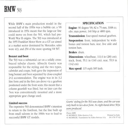 Collectors Club card. Classic Cars. BMW 503