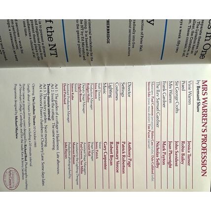 National Theatre programme, Mrs Warren's Profession by GB Shaw, 1985