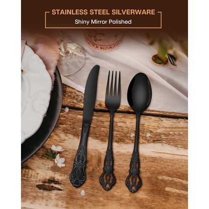 EUIRIO 40 Pieces Royal Silverware Set Black, Retro Flatware Set for 8, Stainless