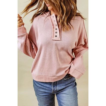 Pink Casual Button Solid Patchwork Trim Hoodie