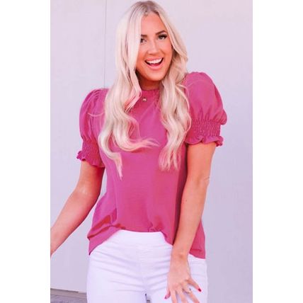 Rose Solid Color Smocked Puff Sleeve Blouse