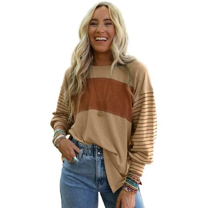 Flaxen Colorblock Striped Bishop Sleeve Top