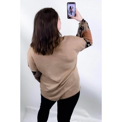 Leopard Colorblock Patchwork V-Neck Loose Sleeve Knit Top