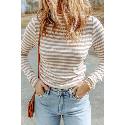 Striped Print Textured Knit Long Sleeve Tee