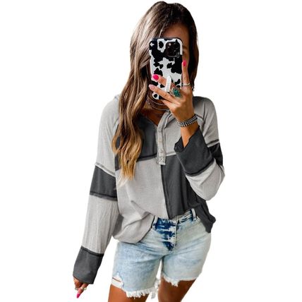 Gray Colorblock Seamed Ribbed Henley Hoodie