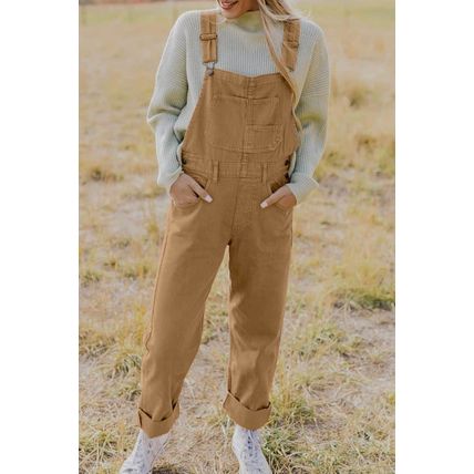 Khaki Vintage Multi Pockets Buckle Strap Cargo Denim Overalls