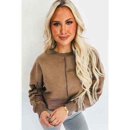 Coffee Solid Exposed Seam Pullover Sweatshirt