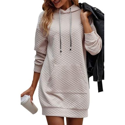 Parchment Drawstring Kangaroo Pocket Quilted Hooded Dress