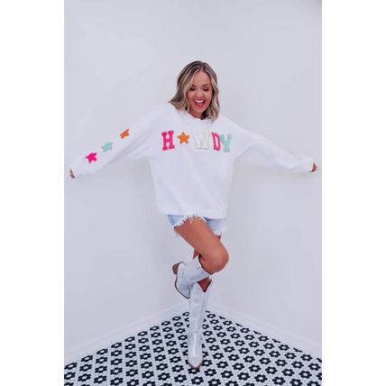 White Glitter Howdy Patch Graphic Casual Sweatshirt