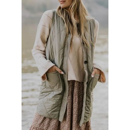Grass Green Quilted Long Vest Jacket with Pockets