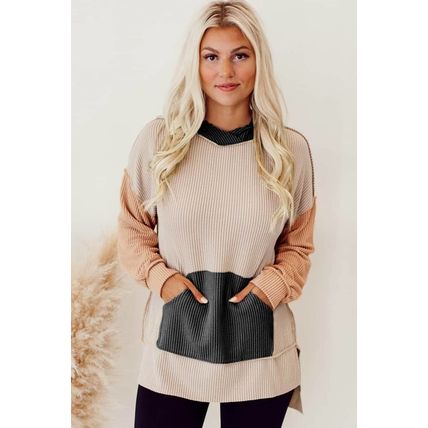 Smoke Gray Color Block High Low Textured Hoodie