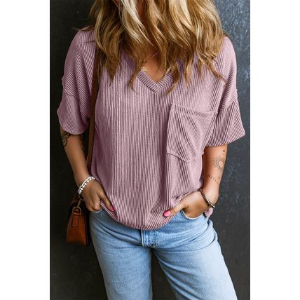 Valerian Corded V Neck Chest Pocket Loose T-shirt