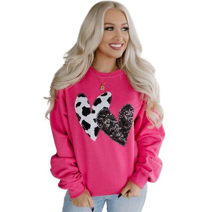 Strawberry Pink Cow & Sequin Double Heart Patch Graphic Sweatshirt