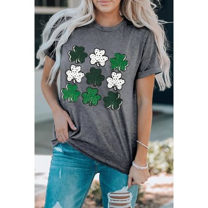 Gray Dotted Clovers Print Round Neck T Shirt