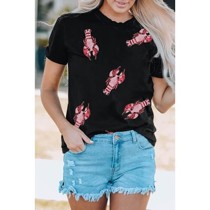 Black Sequined Crayfish Round Neck Graphic Tee