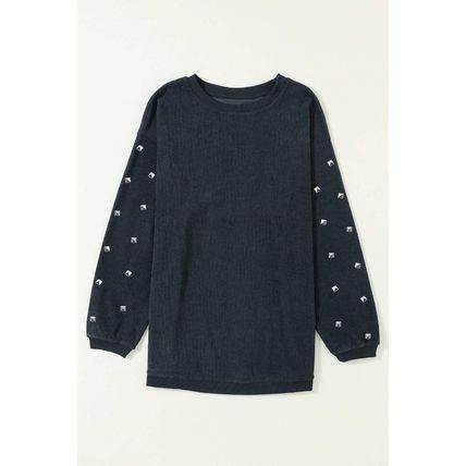 Dark Grey Bead Studded Sleeve Corded Drop Shoulder Sweatshirt