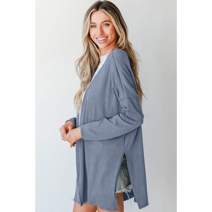 Ashleigh Blue Solid Color Rib Knit Open Front Tunic Cardigan
