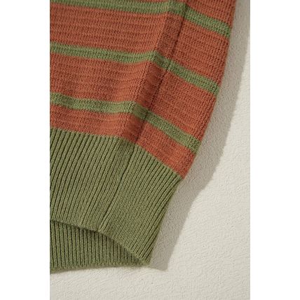 Brown Stripe Trimmed Round Neck Drop Shoulder Loose Sweater