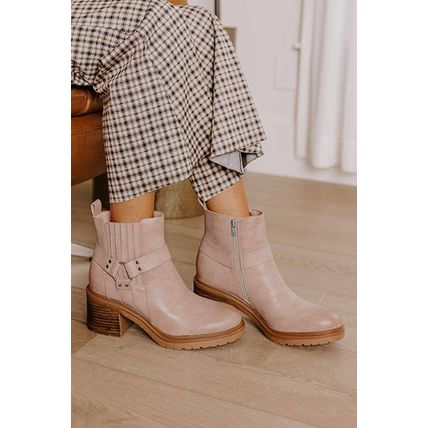 Beige Ring Linked Zipper Chunky Heel Ankle Boots