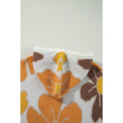 White Large Flower Knitted Drawstring Hooded Plus Size Sweater