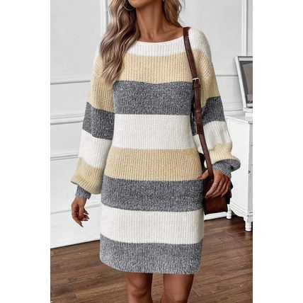 Gray Stripe Colorblock Bubble Sleeve Drop Shoulder Sweater Dress