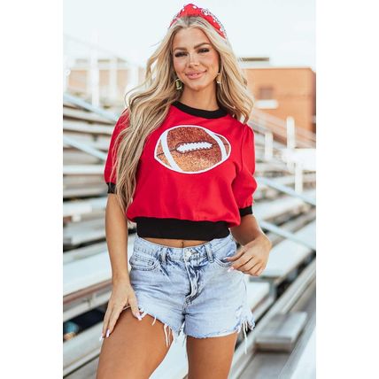 Red Sequin Rugby Color Block Puff Short Sleeve Sweater