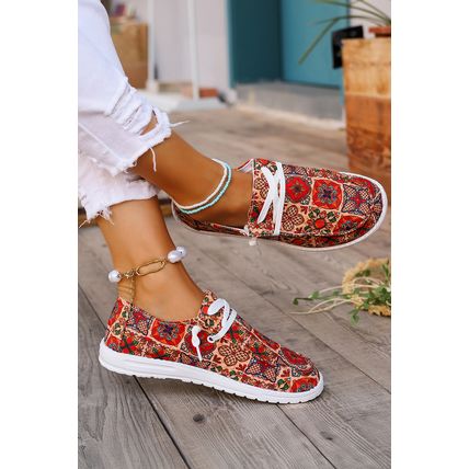 Fiery Red Western Printed Lacing Flat Slip On Shoes