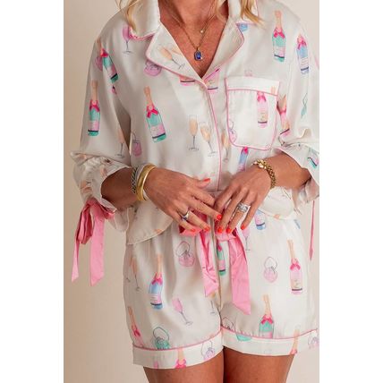 White Plus Size Wine Glass Print Bow Knot Pajama Set