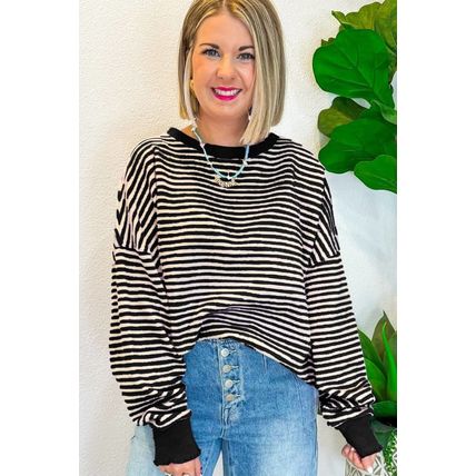 Black Stripe Loose Drop Shoulder Long Sleeve Top