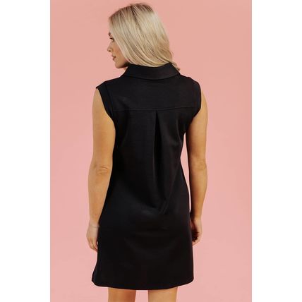 Black Sequin Patched V Neck Collared Mini Dress