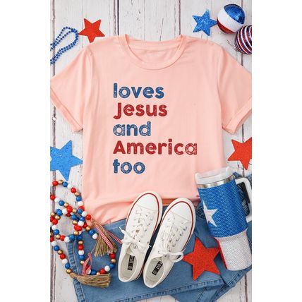 Pink loves Jesus and America too Vintage Letter Graphic Tee