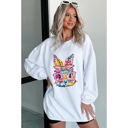 White Floral Rabbit with Glasses Graphic Corded Easter Sweatshirt