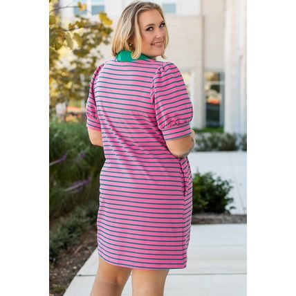 Rose Stripe Collared V Neck Puff Sleeve Shift T Shirt Dress with Pockets