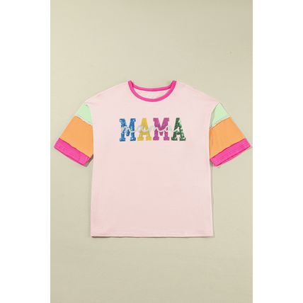 Pink Sequin MAMA Letter Graphic Color Block Patchwork Sleeve Tee
