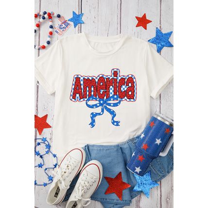 White Funky America Letter Bow Printed T Shirt