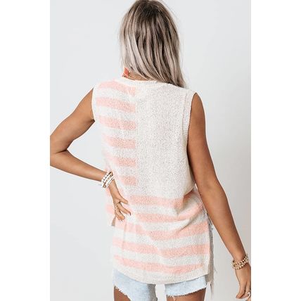 Beige USA Flag Notched Neckline Loose Sweater Vest