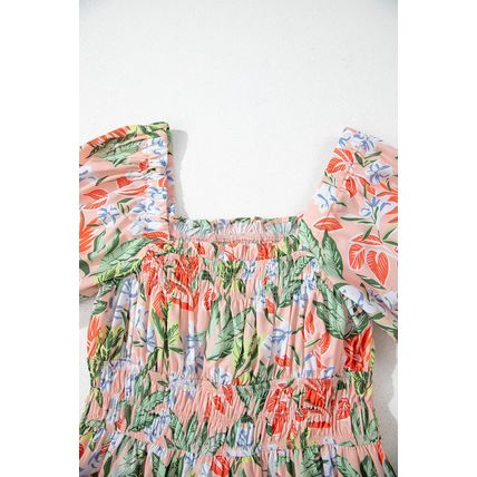 Apricot Pink Floral Smocked Bust Bubble Short Sleeve Maxi Dress