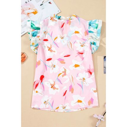 Multicolour Contrast Floral Patchwork Notched Neck Flutter Sleeve Blouse