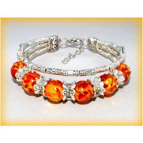 Tibetan Hill Tribe Silver Tone Faux Amber Beads Bracelet Bangle Jewellery 1593
