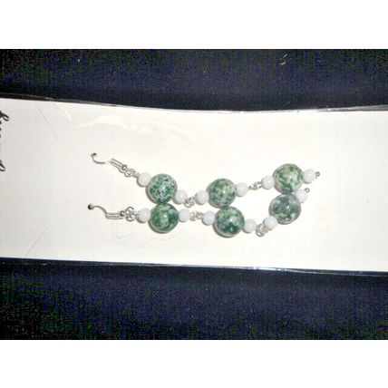 Sensational Green Tree agate & white glass long dangle earrings