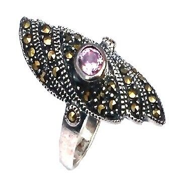 Sterling Silver 30 Marcasite and Amethyst Long Shield Ring
