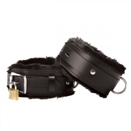 Strict Leather Premium Fur Lined Wrist Cuffs S&M Bondage Handcuffs BDSM Black Sl